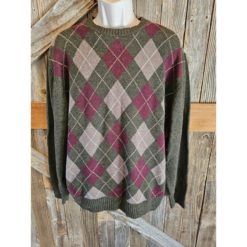 Jos A bank size XL mens argyle sweater lambswool wool blend warm winter green ^